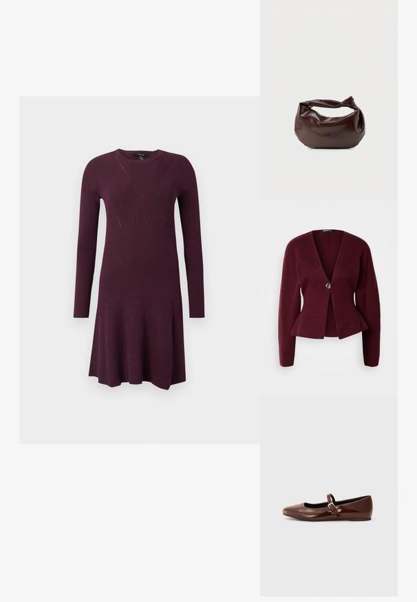 Burgundia särgiga kardigan v-kaelusega, pikkade varrukatega ja peplum hemiga. Selles on üks dekoratiivne nupp, millel on kontrastne disain. Pehme tekstuur.; Sügavlilla kudum dresses, millel on pikad varrukad, kehakattev osa, millel on diagonaalsed ribade mustrid, ja flared seelik.; Pruun patendiga nahast pallisaapad ruudukujulise varbaga ja rihmaga, millel on väike kuldne pandla. Sile tekstuur, madal konts ja minimalistlik disain.; Tumepruunast nahast õlakott, pehme ja lõdva vormiga, keeratud sõlme tüüpi sangaga, valgel ühevärvilisel taustal.