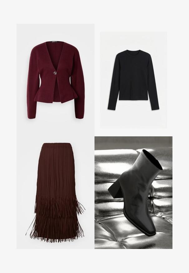 Bordeaux cardigan med v-hals, lange ærmer og peplum-kant. Har en enkelt dekorativ knap med et kontrastdesign. Blød tekstur.; Sort langærmet T-shirt med bådhals og tætsiddende, ensartet design vist på hvid baggrund.; Brun plisseret midi-nederdel med lagdelte kantdetaljer, der har en elastisk talje og en let, flydende tekstur.; Sorte ankelstøvler lavet af glossy materiale med firkantet tå og spidse hæle, sat mod en skinnende sølv tuftet baggrund.
