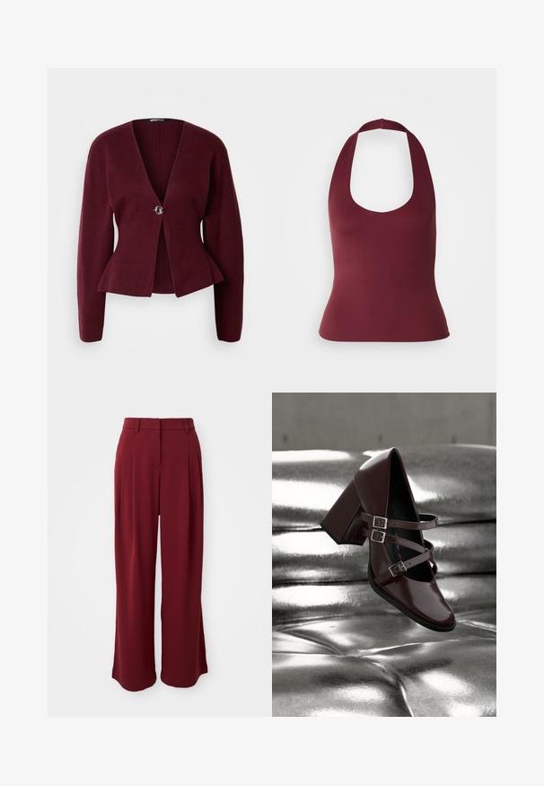 Cárdigan burdeos con escote en v, mangas largas y dobladillo peplum. Presenta un solo botón decorativo con un diseño contrastante. Textura suave.; Top halter burdeos con escote en forma de barco, hecho de tela suave, que presenta un silueta ajustada y tirantes anchos en la parte posterior.; Pantalones de pierna ancha color burdeos con pliegues, confeccionados en tela suave. Presentan una cinturilla plana y sin bolsillos visibles.; Zapato Mary Jane burdeos oscuro y brillante, con tres tiras y hebillas plateadas, flota sobre una superficie acolchada plateada metálica.