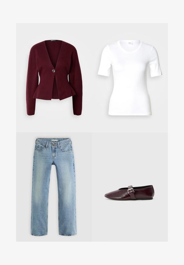 Bordeaux cardigan med v-hals, lange ærmer og peplum-kant. Har en enkelt dekorativ knap med et kontrastdesign. Blød tekstur.; Hvid T-shirt med korte ærmer lavet af glat bomuld, med rund halsudskæring og en tætsiddende pasform. Klassisk design uden mønstre eller detaljer.; Lyseblå lige ben jeans lavet af denim, med knaplukning, fem lommer og subtil falmning langs benene.; Bordeaux læder ballerina sko med spidse tæer, flad sål og en dekorativ spænde-strop over vristen. Glat, blank tekstur.