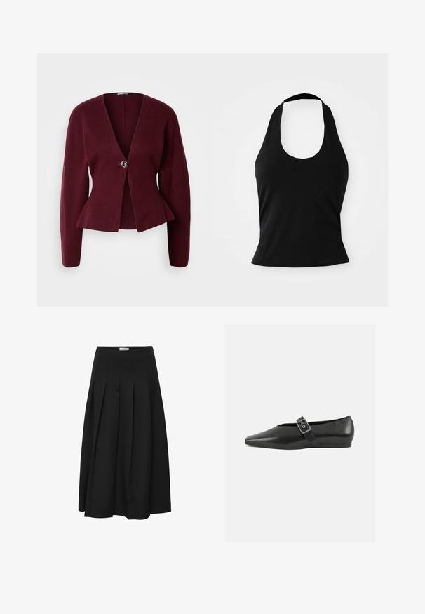 Burgunderfarbener Cardigan mit V-Ausschnitt, langen Ärmeln und einem Peplumsaum. Verfügt über einen dekorativen Knopf mit kontrastierendem Design. Weiche Textur.; Schwarzes Halftertop aus weichem Stoff, mit einem U-Bootausschnitt und einer figurschmeichelnden Silhouette, glatter Textur und ohne sichtbare Muster.; Schwarzer plissierter Midirock aus glattem Stoff. Verfügt über eine hohe Taille und eine fließende Silhouette mit sorgfältig genähten Falten.; Schwarze Lederflachschuhe mit spitzem Zehenbereich, ausgestattet mit einem metallischen Riemen über dem Spann und einer niedrigen, flexiblen Sohle.