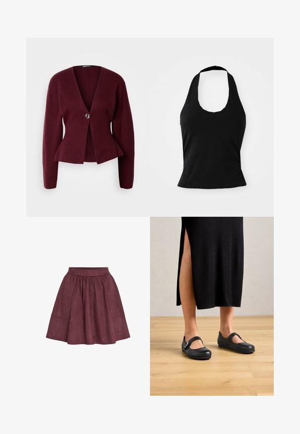 Burgunderfarbener Cardigan mit V-Ausschnitt, langen Ärmeln und einem Peplumsaum. Verfügt über einen dekorativen Knopf mit kontrastierendem Design. Weiche Textur.; Schwarzes Halftertop aus weichem Stoff, mit einem U-Bootausschnitt und einer figurschmeichelnden Silhouette, glatter Textur und ohne sichtbare Muster.; Bordauxfarbene Wildlederrock mit ausgestellter Form, elastischem Bund und zwei Seitentaschen. Er zeichnet sich durch eine weiche Textur und ein minimalistisches Design aus.; Frau in einem schwarzen, gerippten Midikleid mit seitlicher Schlitze, die schwarze Mary-Jane-Ballerinas auf einem Holzboden trägt.