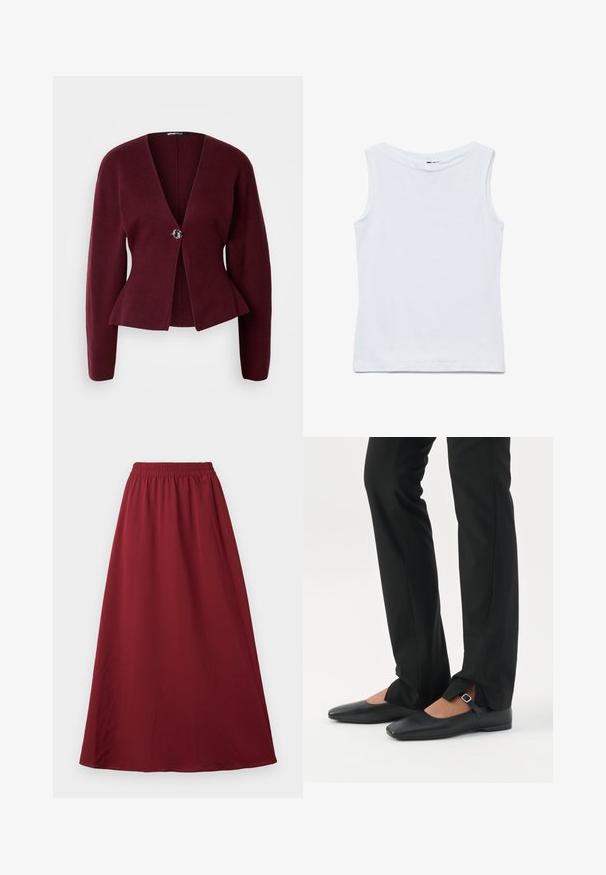 Bordeaux cardigan med v-hals, lange ærmer og peplum-kant. Har en enkelt dekorativ knap med et kontrastdesign. Blød tekstur.; Ærmeløs hvid bomuldstop med bred rund halsudskæring og lige kant, vist fladt på en hvid baggrund.; Bordeaux maxi nederdel med elastisk talje, der har et glat, flydende stof og et enkelt, uprydet design.; Ben iført sorte smalle bukser med forreste slidser ved kanten, parret med sorte flade Mary Jane-sko med lille spænde.