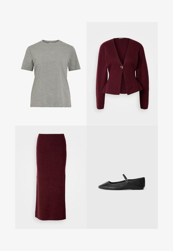 Bordeaux cardigan med v-hals, lange ærmer og peplum-kant. Har en enkelt dekorativ knap med et kontrastdesign. Blød tekstur.; Grå bomulds-T-shirt med klassisk rund hals, korte ærmer og en glat tekstur, egnet til afslappet brug.; Bordeaux uld maxi nederdel med en tætsiddende silhuet, glat tekstur og lige kant. Ingen synlige lukninger eller udsmykninger.; Sorte læder balletflade med spids tå, flad sål og en lille spænde rem over anklen for en sikker pasform.