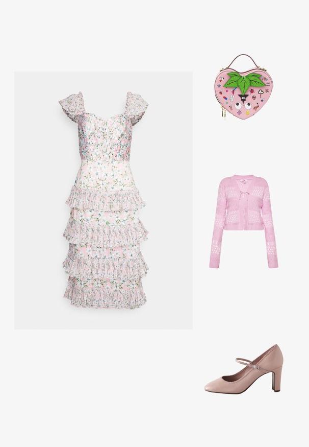 Pink strikket cropped cardigan med lange ærmer, hulmønster, ribbet kant og lille sløjfe lukning foran ved halsudskæringen.; AMUR GRADY COMBO PLEATED - Cocktailkjole / festkjole - rosewater posey; Lyserød læderhøjhælet sko med rundet tå, ankelrem og bølget kant. Har en slank blokhæle for støtte.; Håndtaske formet som et hjerte i pink med grønne blade på toppen og forskellige farverige tegneserie-patches inklusive øjne, en mariehøne og emojis.