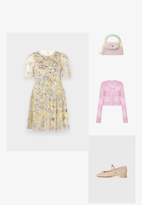 Roze gebreid cropped vestje met lange mouwen, opengewerkt patroon, geribde rand en kleine striksluiting aan de voorkant van de halslijn.; Needle & Thread ELINA ROSE SHORT SLEEVE MINI DRESS - Galajurk - cream; Beige ballet flats gemaakt van glanzend materiaal, met een ronde neus, een kleine blokhak en een decoratieve strik. Inclusief dunne verstelbare band.; Kleine pastelroze doorgestikte handtas met afgeronde bovenkant, voorflapzak en afneembare schouderriem op witte achtergrond.