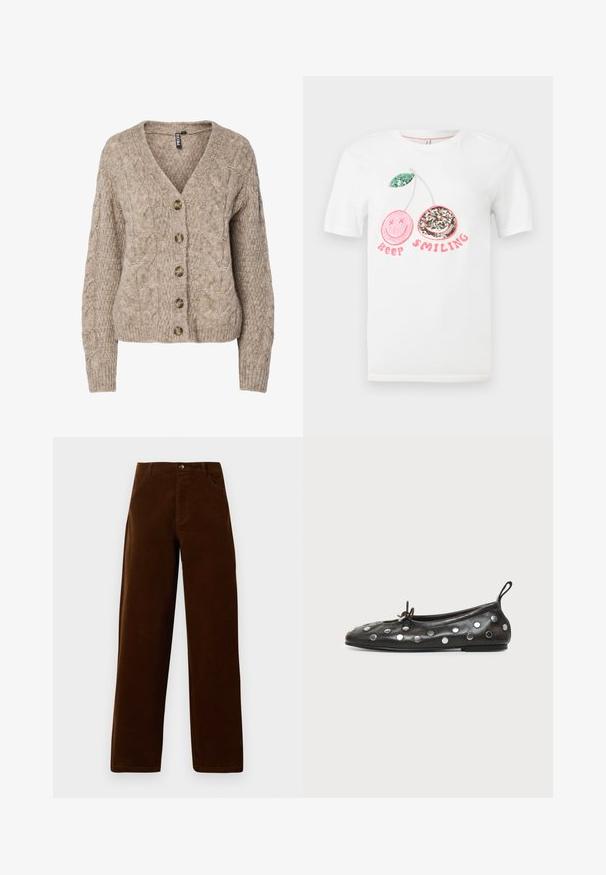 Cardigan beige en maille torsadée avec col en V, devant boutonné et poignets côtelés. Comprend six boutons marron et un tissu texturé.; T-shirt blanc avec deux cerises en sequins, une rose aux yeux croisés et une argentée avec un sourire, et le texte "Keep Smiling" en rose en dessous.; Pantalons droits en velours côtelé marron avec poches devant, passants de ceinture et fermeture à bouton sur fond blanc.; Ballerine plate en cuir noir avec des clous ronds argentés, un petit nœud sur le dessus et une languette à l'arrière sur fond blanc.