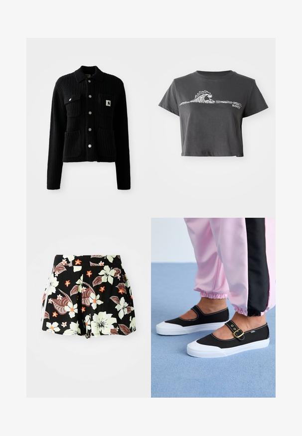 Must kollane soonik, millel on soonikkoes, krae, esitelje taskud ja hõbedased nööbid. Rinnataskul on logo silt. Pehme tekstuur.; Tumehall cropped T-särk valge stiliseeritud laine, palmi ja "ROXY" tekstiga ees.; Musthave mustikad lilled, kus on suured heledate roheliste ja oranžide lilledega, tumedate lehtedega, pleeditud disain ja taskud küljel.; Mustad mustad jalanõud valge tallaga, millel on lõikekujundus ja kuldne pannal. Kombineeritud roosade treeningpükstega.