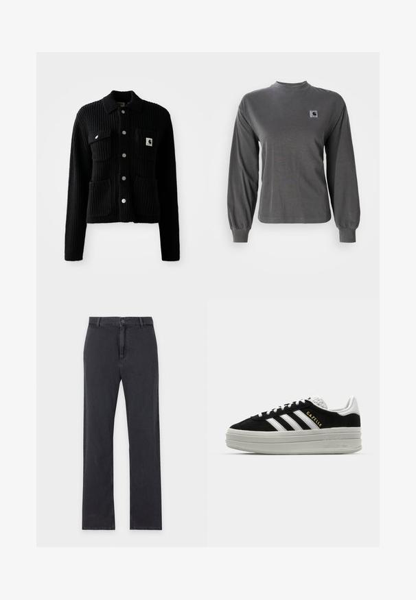 Cardigan negro con canalé, con cuello, bolsillos delanteros de parche y botones plateados. Tiene un parche con el logo en el bolsillo del pecho. Textura suave.; Camiseta de manga larga gris hecha de algodón, con cuello redondo y puños elásticos, que cuenta con un pequeño logo cuadrado en el pecho.; Vaqueros negros de pierna recta con cierre frontal de botón y cremallera, trabillas para cinturón y diseño clásico de cinco bolsillos, extendidos planos sobre fondo blanco.; Zapatillas negras de ante con detalles en cuero blanco, tres rayas blancas, cordones planos y una gruesa suela de plataforma gris. Marca "Gazelle" en dorado.