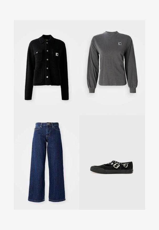 Sort, ribbet cardigan med krave, frontlomme og sølvknapper. Har et logo-patch på brystlommen. Blød tekstur.; Langærmet grå t-shirt lavet af bomuld, med rund halsudskæring og elastiske manchetter, samt et lille firkantet logo på brystet.; Mørkeblå vide jeans lavet af denim, med knap- og lynlåslukning, bæltesløjfer og klassisk fem-lomme design.; Vans MARY JANE - Ballerinasko - black