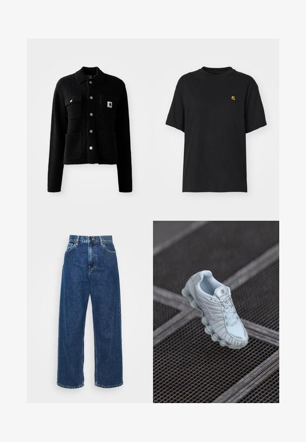 Schwarze, gerippte Strickjacke mit einem Kragen, vorderen aufgesetzten Taschen und silbernen Knöpfen. Verfügt über ein Logopatch auf der Brusttasche. Weicher Touch.; Schwarzes Baumwoll-T-Shirt mit lockerer Passform. Hat einen Rundhalsausschnitt und kurze Ärmel. Enthält ein kleines, goldfarben gesticktes Logo auf der Brust.; Helle blaue Denim-Breitbeinhosen mit hoher Taille, sichtbaren Nähten und normalen Taschen. Verfügt über einen Knopf- und Reißverschluss.; Helles blaues Sportschuh mit einer strukturierten Oberseite, ausgestattet mit einer abgerundeten Sohle mit zylindrischen Elementen und einem auffälligen Logo auf der Zunge.