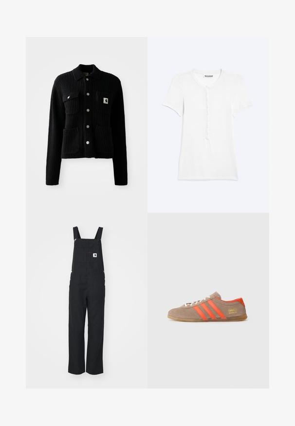 Sort, ribbet cardigan med krave, frontlomme og sølvknapper. Har et logo-patch på brystlommen. Blød tekstur.; Hvid kortærmet henley-shirt med rund halsudskæring og syv knapper foran, lagt fladt på en lys baggrund.; Sorte stofbukser med justerbare skulderstropper, frontlomme og sideknapper. Lige ben-design, glat tekstur, minimalistisk stil.; Brune ruskinds sneakers med tre klare orange striber, snørebånd foran og gyldent "Gazelle" branding på siden. Flad gummi sål.