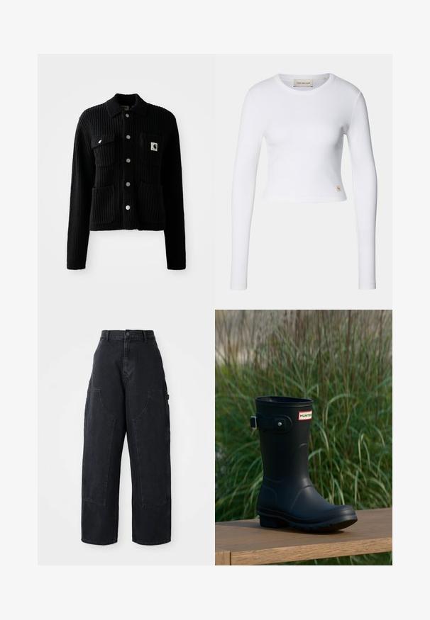 Zwarte, geribbelde cardigan met een kraag, voorzakken en zilveren knopen. Beschikt over een logopatch op de borstzak. Zachte textuur.; Witte lange mouw crop top van ribstof. Heeft een ronde hals en een klein logo-label aan de onderkant aan de linkerkant.; Zwarte denim cargo broek met wijde been, hoge taille, twee grote voorkanten zakken en een knoopsluiting bij de taille. Soepele textuur, casual ontwerp.; Zwarte rubberen regenlaarzen met een glanzende afwerking, voorzien van een zilveren gesp en een logo patch. De zool is gestructureerd voor grip.