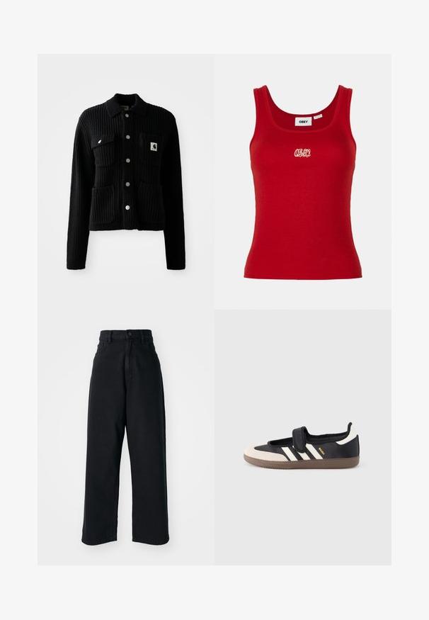 Sort, ribbet cardigan med krave, frontlomme og sølvknapper. Har et logo-patch på brystlommen. Blød tekstur.; Rød ribbet tanktop med rund udskæring og brede stropper, med et broderet "OBEY" logo i hvidt på forsiden i midten.; Sorte højtaljede vid ben jeans med frontlommer og knaplukning, præsenteret mod en plain hvid baggrund.; Sort og beige sko med velcrolukning, tre hvide striber på siden og en tekstureret brun gummisål. Mærkelogo er synligt.