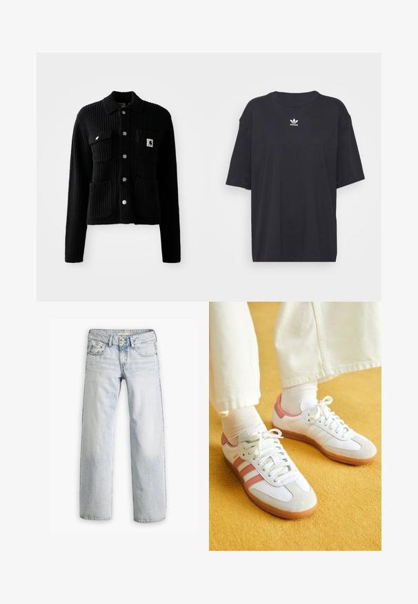 Schwarze, gerippte Strickjacke mit einem Kragen, vorderen aufgesetzten Taschen und silbernen Knöpfen. Verfügt über ein Logopatch auf der Brusttasche. Weicher Touch.; Schwarzes Baumwoll-T-Shirt mit kurzen Ärmeln, rundem Halsausschnitt, mit einem weißen Adidas-Logo auf der Brust. Einfaches Design, lockere Passform.; Hellblaue Denim-Jeans mit lockerer Passform, hoher Taille und fünf Taschen. Mit Stitching-Akzenten und einem Knopfverschluss.; Weiße Sportschuhe mit pinken Akzenten, aus Wildleder und Leder, runde Zehenform und Gummisohle, dargestellt mit hellen Socken vor einem gelben Hintergrund.