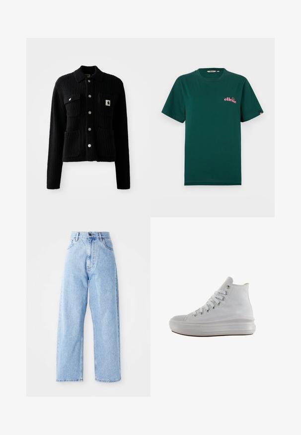 Sort, ribbet cardigan med krave, frontlomme og sølvknapper. Har et logo-patch på brystlommen. Blød tekstur.; Mørkegrøn bomuld t-shirt med korte ærmer, rund hals og en lyserød logo på brystets venstre side. Bemærkelsesværdig syningsdetalje på venstre ærme.; Højhalset lysblå denimjeans med lige vide ben, frontknap, lynlås lukning samt front- og baglommer.; Hvid højt canvas sneaksko med hvide snørebånd, metaløjer, tyk gummisål og tekstureret tåhætte, vendt mod venstre på en hvid baggrund.