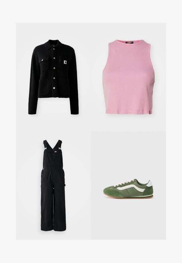 Sort, ribbet cardigan med krave, frontlomme og sølvknapper. Har et logo-patch på brystlommen. Blød tekstur.; Rosa ribbet crop top med rund halsudskæring og ærmeløs design. Har en kant, der slutter lige over taljen.; Sorte denim overalls med brede ben, justerbare skulderstropper, lomme foran og sølv hardware detaljer. Glat tekstur, minimalistisk design.; Grønne sneakers med en blanding af tekstureret ruskind og glat stof, med hvidt accent, lyserøde snørebånd og en brun gummisål.
