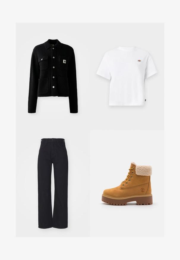 Sort, ribbet cardigan med krave, frontlomme og sølvknapper. Har et logo-patch på brystlommen. Blød tekstur.; Hvid bomulds t-shirt med en afslappet pasform, der har et lille logo-patch på brystet og et mærke på siden for ekstra detaljer.; Sorte højtaljede bredbenede jeans med frontknap og lynlås, bæltestropper og to forlommer på hvid baggrund.; Tan ruskindsstøvle med en kunstig pelskrave, gyldne øjer og en kontrasterende gummisål. Har et logo på siden og struktureret sål.