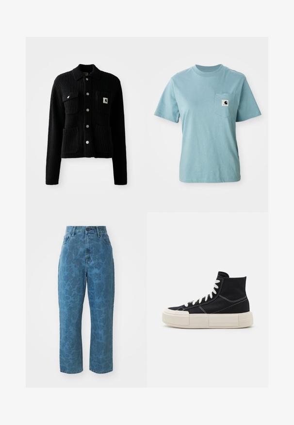 Sort, ribbet cardigan med krave, frontlomme og sølvknapper. Har et logo-patch på brystlommen. Blød tekstur.; Lyseblå kortærmet bomulds T-shirt med brystlomme og et lille sort-hvidt Carhartt logo patch.; Lyseblå denim jeans med en subtil mønstret struktur, høj talje og lige ben. Har en frontlukning med knap og lynlås.; Sorte kanvas høj-top sneakers med hvide snørebånd, tyk creme sål, kontrasterende syninger og en rund tådesign.