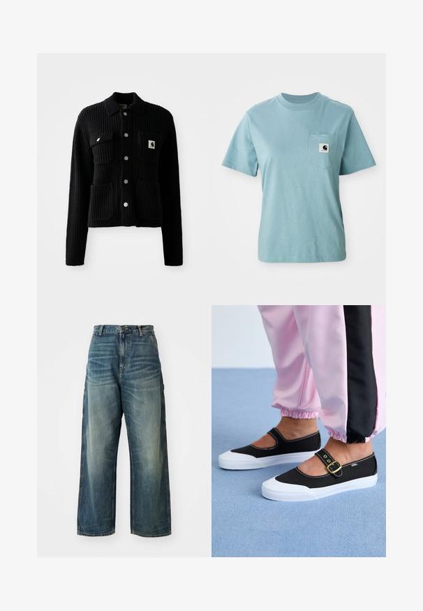 Sort, ribbet cardigan med krave, frontlomme og sølvknapper. Har et logo-patch på brystlommen. Blød tekstur.; Lyseblå kortærmet bomulds T-shirt med brystlomme og et lille sort-hvidt Carhartt logo patch.; Bredde ben denim jeans i en falmet blå vask. Har en knaplukning, fem lommer og synlige sømme. Materialet har en glat tekstur.; Sorte lærredssko med en hvid sål, der har et udskæringsdesign og et guldspænde. Bæret med lyserøde træningsbukser.