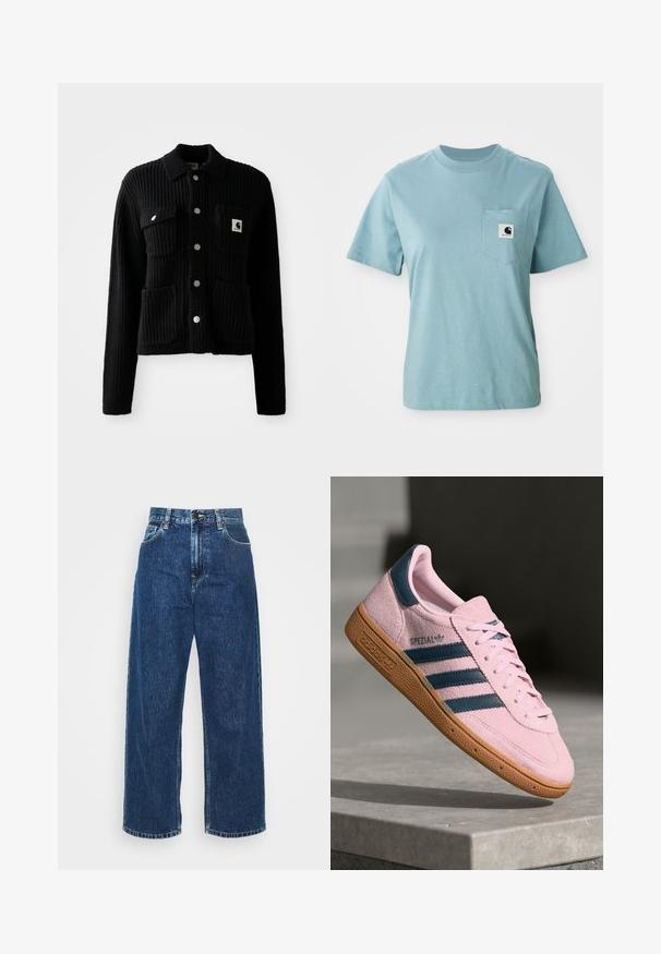 Sort, ribbet cardigan med krave, frontlomme og sølvknapper. Har et logo-patch på brystlommen. Blød tekstur.; Lyseblå kortærmet bomulds T-shirt med brystlomme og et lille sort-hvidt Carhartt logo patch.; Lysblå denim brede ben jeans med høj talje, synlig syning og standard lommer. Har en knap- og lynlåslukning.; Lyserød ruskindssneaker med marineblå tre striber, gummisål og lyserøde snørebånd. Har "SPEZIAL"-branding på siden.