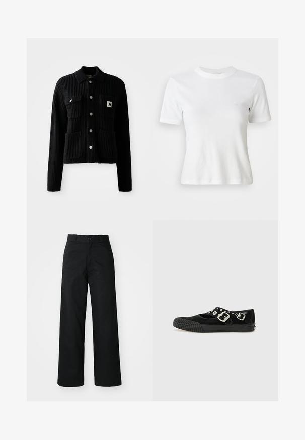 Sort, ribbet cardigan med krave, frontlomme og sølvknapper. Har et logo-patch på brystlommen. Blød tekstur.; Hvid ribbet kortærmet T-shirt med rund halsudskæring og et lille logo på brystet. Lavet af blødt stof med en tætsiddende pasform.; Sorte vide bukser med flad front, knaplukning og bæltestropper. Fremstillet af holdbart stof med en glat tekstur.; Vans MARY JANE - Ballerinasko - black