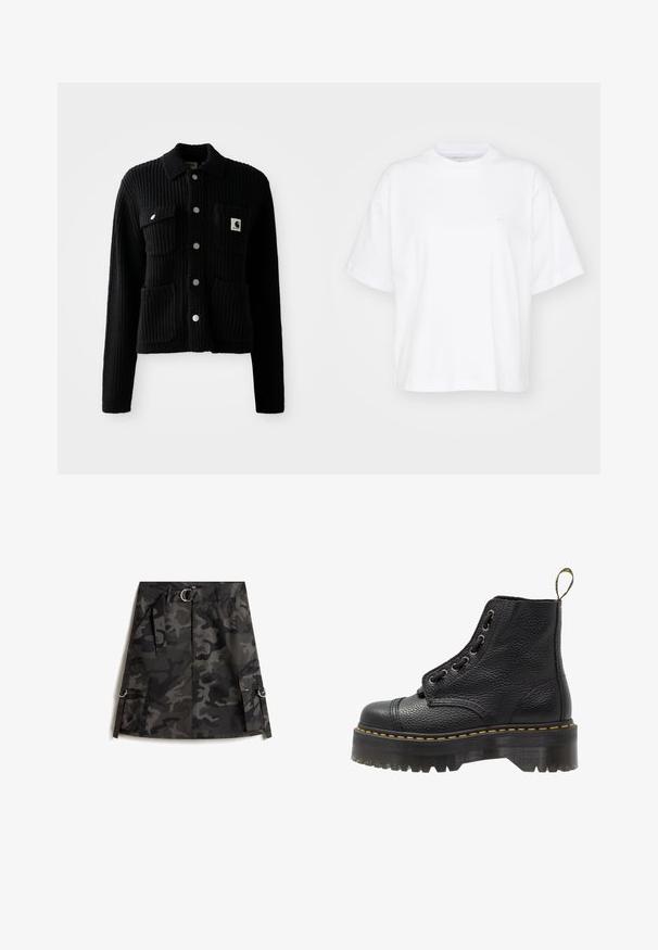 Sort, ribbet cardigan med krave, frontlomme og sølvknapper. Har et logo-patch på brystlommen. Blød tekstur.; Hvid bomulds t-shirt med rund hals, korte ærmer og en afslappet pasform. Har et diskret logo på venstre brystområde. Glat tekstur.; Kamuflage nederdel i mørkegrå og sort, med en frontlynlås, bælte med sølvspænde og to cargo-lommer med ringe.; Sorte læder ankelstøvler med tekstureret overflade, rund tå, snørebåndsdesign, gule stikninger og en tyk, rillet sort platformsål.