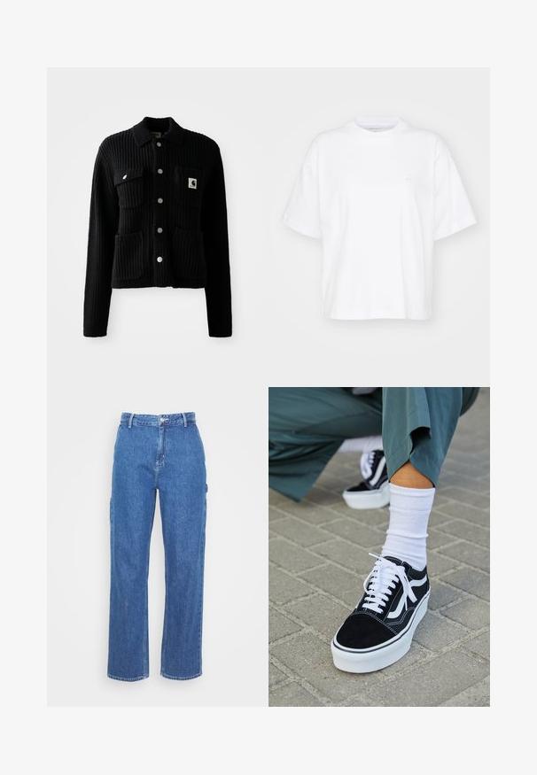 Schwarze, gerippte Strickjacke mit einem Kragen, vorderen aufgesetzten Taschen und silbernen Knöpfen. Verfügt über ein Logopatch auf der Brusttasche. Weicher Touch.; Weißes Baumwoll-T-Shirt mit Rundhalsausschnitt, kurzen Ärmeln und lockerer Passform. Verfügt über ein dezentes Logo auf der linken Brustseite. Glatte Textur.; Blaue High-Waist-Jeans mit geradem Bein, ausgestattet mit einem Frontknopfverschluss und seitlichen Taschen. Glatte Textur und keine sichtbaren Muster.; Schwarze Wildledersneaker mit weißen Akzenten und Schnürsenkeln, ausgestattet mit einer dicken weißen Sohle und kontrastierenden Nähten, kombiniert mit einer weißen Socke.