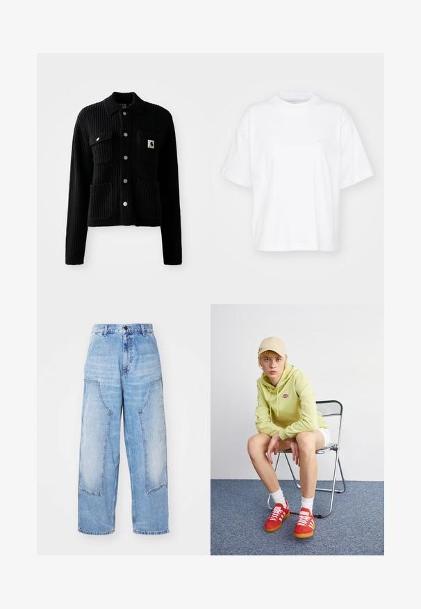 Sort, ribbet cardigan med krave, frontlomme og sølvknapper. Har et logo-patch på brystlommen. Blød tekstur.; Hvid bomulds t-shirt med rund hals, korte ærmer og en afslappet pasform. Har et diskret logo på venstre brystområde. Glat tekstur.; Lysblå denim bredbenede bukser med to store forlommer, en knaplukning og subtil falming. Syninger på lommedetaljerne.; Lysegrøn hættetrøje med logo, hvide shorts, røde sneakers med hvide striber, siddende på en krom foldebænk mod en neutral baggrund.