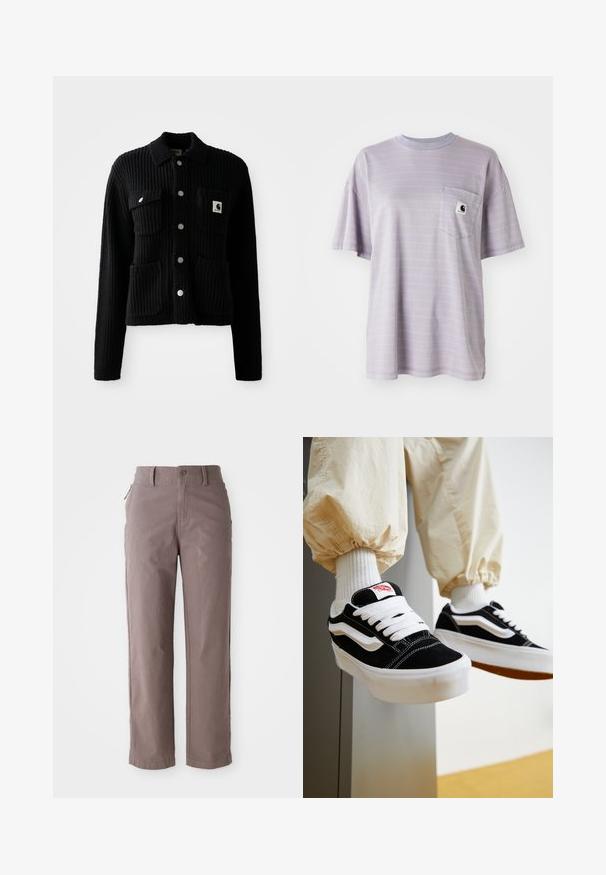 Sort, ribbet cardigan med krave, frontlomme og sølvknapper. Har et logo-patch på brystlommen. Blød tekstur.; Lyse lilla kortærmet T-shirt med diskrete vandrette striber og en brystlomme med et lille brandlogo. Blødt bomuldsstof.; Brune bomulds twill bukser med lige ben, der har en frontknaplukning og sidelommer, glat tekstur og rene linjer.; Person iført sorte og hvide Vans sneakers med hvide snørebånd, hvide sokker og beige bukser med elastiske manchetter.