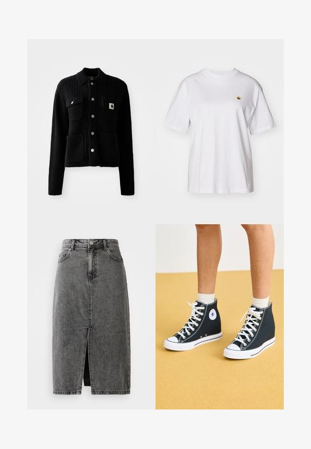 Sort, ribbet cardigan med krave, frontlomme og sølvknapper. Har et logo-patch på brystlommen. Blød tekstur.; Hvid bomulds-t-shirt med en afslappet pasform, korte ærmer og et lille broderet logo på venstre brystområde.; Højtaljet, falmet sort denim midi-nederdel med en frontslids, bæltesløjfer og klassisk fem-lomme design.; Høje sneakers i mørkeblåt kanvas med hvide gummisåler, snørebånd og detaljer. Har et rundt logo og hvide syninger.