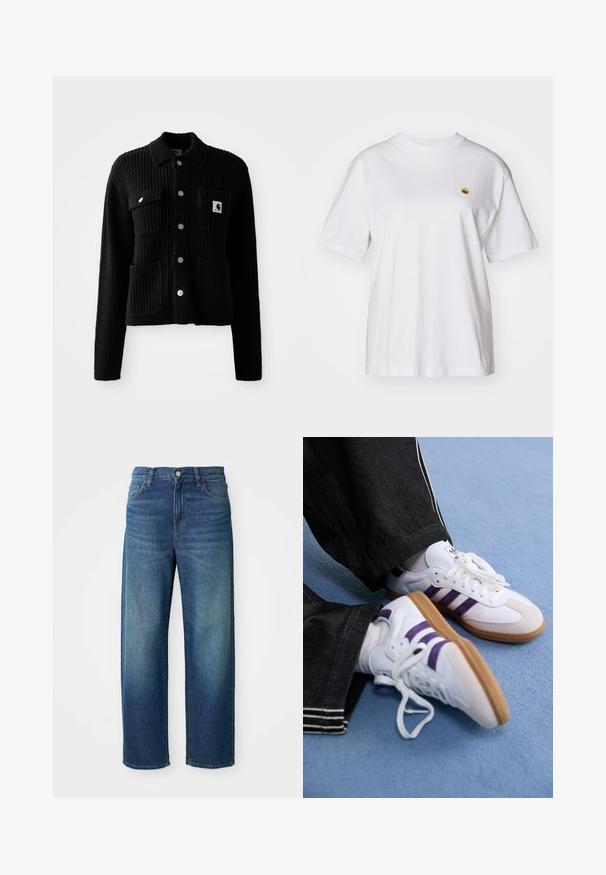 Sort, ribbet cardigan med krave, frontlomme og sølvknapper. Har et logo-patch på brystlommen. Blød tekstur.; Hvid bomulds-t-shirt med en afslappet pasform, korte ærmer og et lille broderet logo på venstre brystområde.; Blå denim jeans, vid benvidde design, mellemhøj talje, subtil fading, fem-lomme stil, med knap- og lynlåslukning, lige kant.; Hvide sportsko med lilla striber og brune gummisåler, med runde snørebånd og polstret krave. Båret med mørke denimbukser.