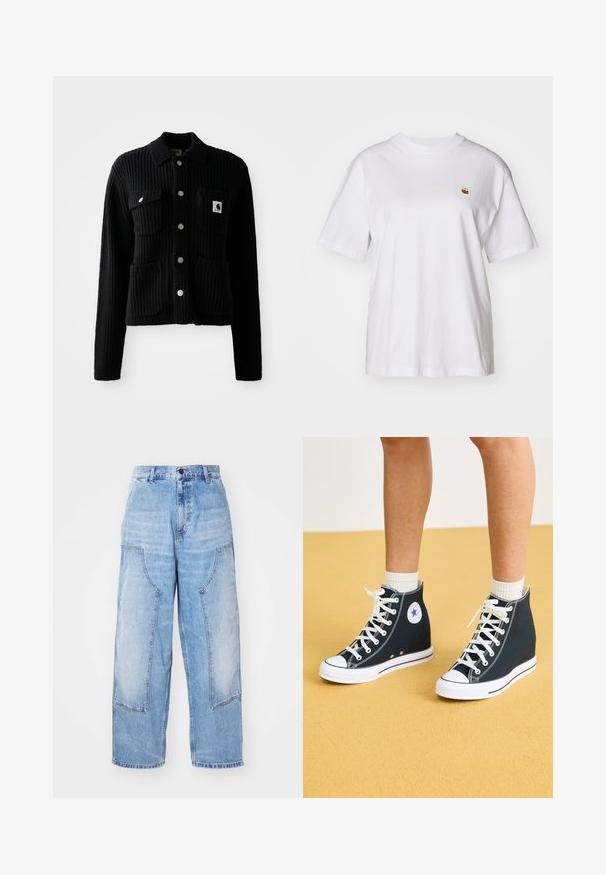 Cardigan noir à côtes avec col, poches avant plaquées et boutons en métal argenté. Présente un patch logo sur la poche poitrine. Texture douce.; T-shirt en coton blanc avec une coupe décontractée, des manches courtes et un petit logo brodé sur la poitrine gauche.; Pantalon en denim bleu clair à jambe large avec deux grandes poches avant, une fermeture à bouton et une décoloration subtile. Détails de coutures sur les poches.; Baskets montantes en toile bleu foncé avec des semelles en caoutchouc blanc, des lacets et des accents. Présente un logo circulaire et des détails de couture blanche.