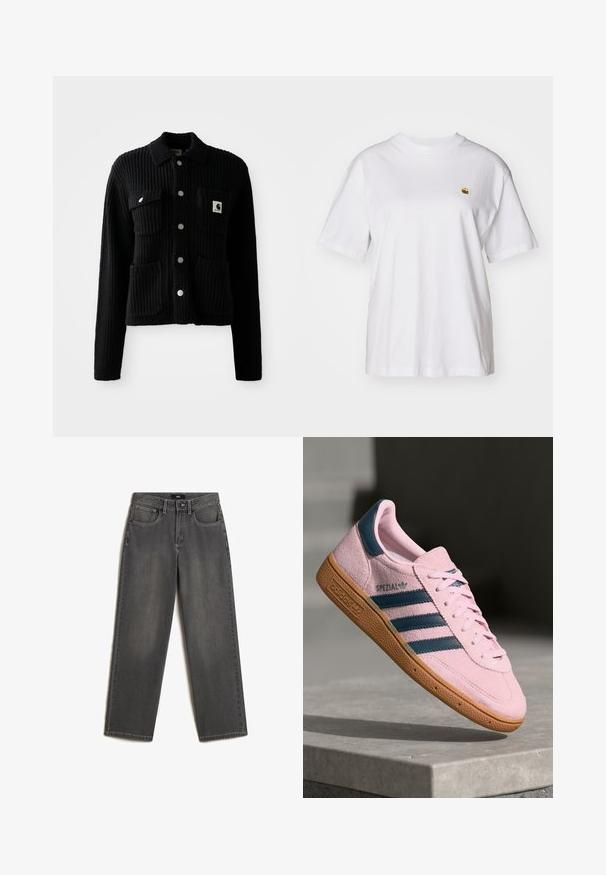 Sort, ribbet cardigan med krave, frontlomme og sølvknapper. Har et logo-patch på brystlommen. Blød tekstur.; Hvid bomulds-t-shirt med en afslappet pasform, korte ærmer og et lille broderet logo på venstre brystområde.; Grå vidde jeans lavet af denim. Har fem lommer, en frontknap og lynlås lukning, samt subtil fading på stoffet.; Lyserød ruskindssneaker med marineblå tre striber, gummisål og lyserøde snørebånd. Har "SPEZIAL"-branding på siden.