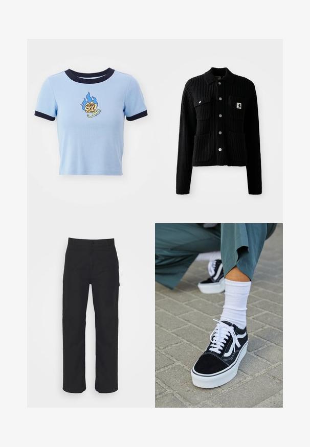 Musta, ribbed neulejakku kauluksella, etupuolella läpätaskut ja hopeanväriset napit. Rintataskussa on logopatchi. Pehmeä rakenne.; Vaaleansininen lyhythihainen crop-top, jossa on tummansininen ribbikaulus. Sisältää liekkikirjaillun keltaisen ruusun ja tekstiä sen alla. Pehmeä kankaan rakenne.; Mustat puuvillahousut suoralla leikkauksella, nappikiinnitys ja vyölenkit. Klassinen muotoilu ilman näkyviä taskuja.; Mustat mokkakengät valkoisilla yksityiskohdilla ja nauhoilla, joissa on paksu valkoinen pohja ja kontrastivärinen ommel, yhdistettynä valkoiseen sukkaan.