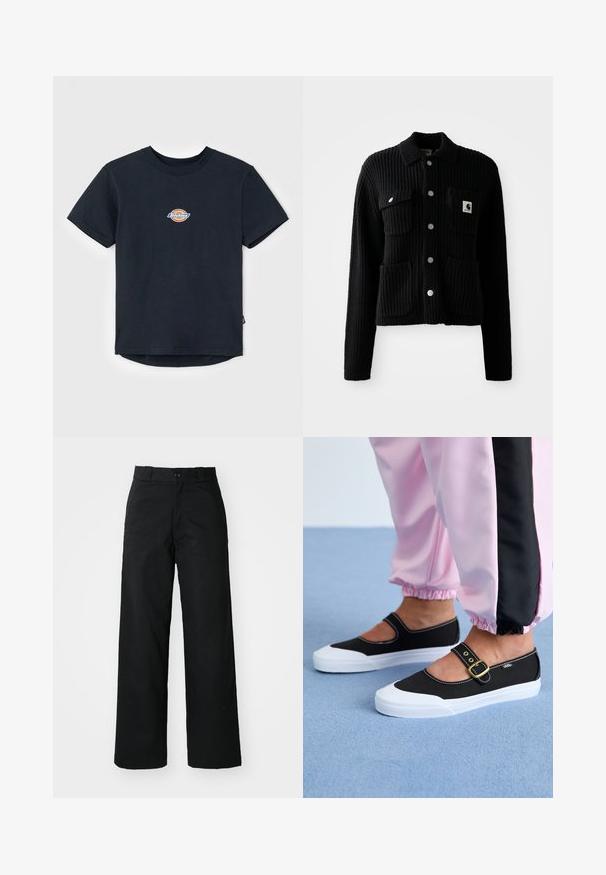 Cardigan noir à côtes avec col, poches avant plaquées et boutons en métal argenté. Présente un patch logo sur la poche poitrine. Texture douce.; T-shirt en coton noir à manches courtes, col rond, et un petit logo multicolore sur la poitrine. Ourlet droit avec un dos légèrement plus long.; Pantalons larges noirs avec un devant plat, une fermeture à bouton et des passants de ceinture. Fabriqués en tissu durable avec une texture lisse.; Baskets noires en toile avec une semelle blanche, présentant un design découpé et une sangle en boucle dorée. Portées avec un pantalon de survêtement rose.