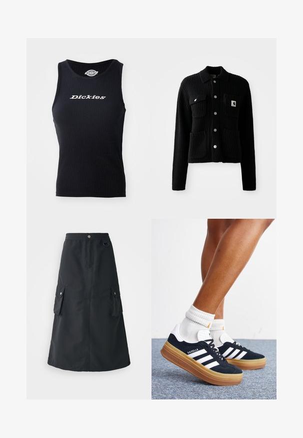 Cardigan noir à côtes avec col, poches avant plaquées et boutons en métal argenté. Présente un patch logo sur la poche poitrine. Texture douce.; Top en ribbed noir avec un col arrondi et le logo "Dickies" imprimé en blanc sur la poitrine.; Jupe noire mi-mollet en tissu léger, dotée d'une taille élastique, de deux poches cargo et d'un léger brillant.; Jambes portant des chaussettes blanches et des baskets Adidas Gazelle noires avec des bandes blanches et des semelles épaisses marron sur un sol recouvert de moquette grise.