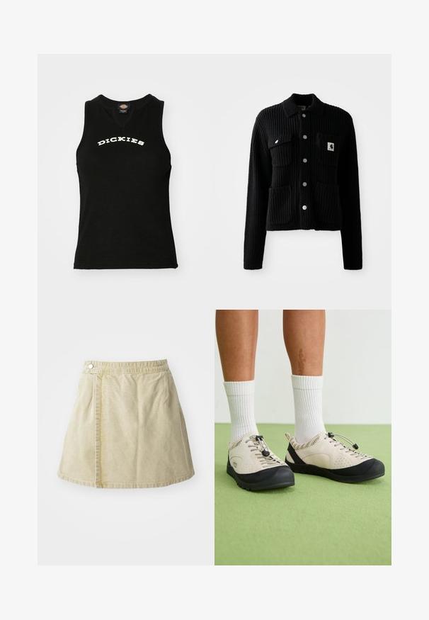 Must kollane soonik, millel on soonikkoes, krae, esitelje taskud ja hõbedased nööbid. Rinnataskul on logo silt. Pehme tekstuur.; Mustamata ilma varrukat särk, millel on soonikuline tekstuur, esitades valget kumerat "DICKIES" logo rinnaosas ning V-kaeluse disain.; Kahvatu mini-seelik pehmest kangast, millel on külge kinnitatav nupplukku, sile tekstuur ja kergelt laienev siluett, mille hem on üle põlve.; Bežid jalanõud mustade aktsentidega, niisked külgpaneelid ja kindel paela klamber. Paksud kummitaldad mustrilise tallaga. Kanda valgete sokkide abil.