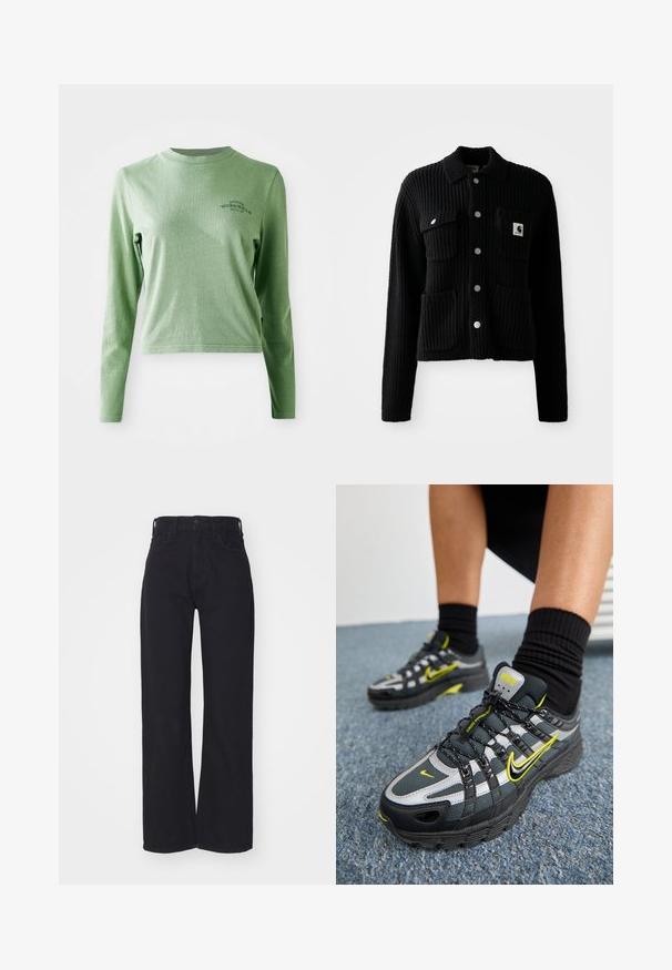 Sort, ribbet cardigan med krave, frontlomme og sølvknapper. Har et logo-patch på brystlommen. Blød tekstur.; Lys grøn langærmet t-shirt lavet af blødt bomuld, med en rund halsudskæring og et lille trykt logo på øverste venstre side.; Sorte højtaljede bredbenede jeans med frontknap og lynlås, bæltestropper og to forlommer på hvid baggrund.; Sorte og grå atletiske sko med refleksive sølvdetaljer, teksturerede mesh-paneler og lysegule detaljer. Snørebåndsdesign med struktureret sål.