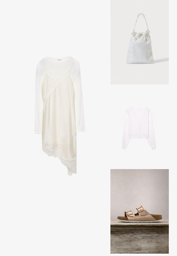 Pull court blanc avec col en V, manches longues et fermeture à boutons ; texture douce avec un subtil motif de tricot.; Haut blanc à manches longues superposé avec une robe nuisette crème asymétrique ornée d'un bord en dentelle à l'ourlet.; Sandales à glissière en or rose avec deux boucles en métal ajustables, semelle en liège et semelle en caoutchouc blanche. Fini métallique lisse, design ouvert. ; Sac cabas en tissu blanc avec broderie florale en dentelle et anse supérieure froncée, présenté sur un fond clair uni.