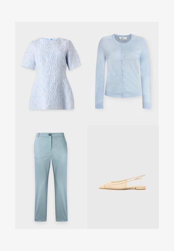 Cardigan bleu clair à manches longues, boutonné, avec col rond et poignets et ourlet côtelés, avec un petit logo brodé sur la poitrine.; Blouse bleu clair texturée à manches courtes avec un motif floral subtil, encolure bateau et fermeture éclair au dos.; Pantalon bleu clair ajusté avec un bouton à l'avant, des passants de ceinture et une coupe droite, sur un fond uni.; Chaussure plate slingback en beige clair avec une tige en maille, un bout pointu et un petit talon. Dotée d'une sangle ajustable pour un bon maintien.
