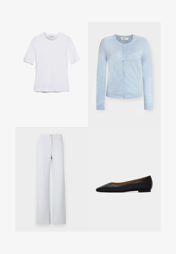 Cárdigan azul claro de manga larga con botones, cuello redondo y puños y bajo acanalados, con un pequeño logo bordado en el pecho.; Camiseta de manga corta blanca hecha de tela de canalé. Cuello redondo, corte regular y detalles de costura sutiles. Sin patrones ni gráficos.; Pantalones de pierna ancha en azul claro, hechos de una tela suave, con cierre frontal de botón, pasadores para cinturón y dos bolsillos laterales. Textura suave y diseño sencillo.; Zapato plano de punta puntiaguda de cuero negro con tacón bajo y acabado liso, mostrado de perfil sobre un fondo gris claro.