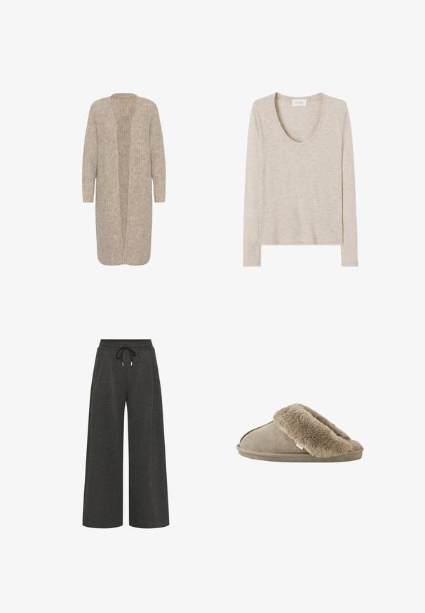 Beige lang cardigan med en løs pasform, åben front og tekstureret strikmønster. Har lange ærmer og et blødt, hyggeligt materiale.; Beige langærmet let strikket top med rund hals og lige kant, vist fladt på en hvid baggrund.; Mørkegrå, bredbenede bukser lavet af blødt stof, med elastisk talje og snøre samt to sidelommer.; Beige slip-on tøfler med blød, plyssede pelsforing omkring åbningen og en ydersål med ruskindslignende overflade.