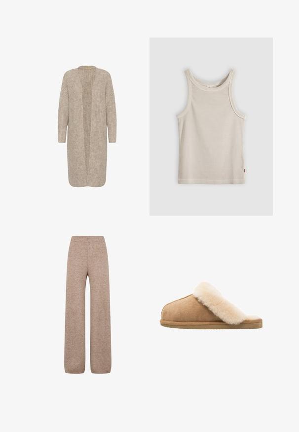 Cardigan long beige avec une coupe ample, une devanture ouverte et un motif tricoté texturé. Il a des manches longues et est fabriqué dans un matériau doux et confortable.; Débardeur beige côtelé sans manches avec encolure ronde et coupe ajustée, présenté sur un fond gris.; Pantalons larges en tricot de couleur marron clair avec une taille et des poignets côtelés, présentant un tissu doux et texturé. Pas de poches visibles.; Chausson en suède beige à enfiler avec une doublure en laine de mouton crème douce et moelleuse. Doté d'une semelle en caoutchouc texturé et plate pour une meilleure adhérence.