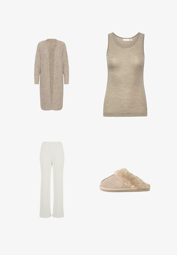 Beige lang cardigan med en løs pasform, åben front og tekstureret strikmønster. Har lange ærmer og et blødt, hyggeligt materiale.; Beige ærmeløs tanktop lavet af blød, tekstureret stof, med en rund halsudskæring og et let figursyet design med minimale syningdetaljer.; Cremefarvede ribstrikkede bukser med flared design. Har en bred elastisk talje og lodrette striber for ekstra tekstur.; Beige slip-on tøfler med blødt ruskind yderside og blødt, fluffy inderfor og manchet, designet til komfort indendørs.
