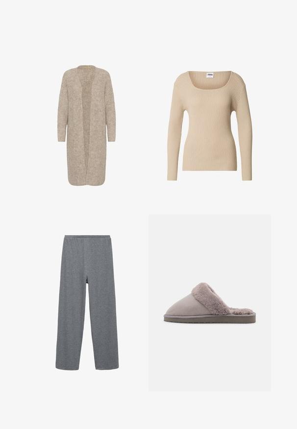 Beige langer Cardigan mit lockerer Passform, offenem Front und strukturiertem Strickmuster. Verfügt über lange Ärmel und ein weiches, gemütliches Material.; Beiger gerippter Pullover mit quadratischem Ausschnitt und langen Ärmeln, gefertigt aus weichem, strukturiertem Stoff. Einfaches Design, geeignet zum Schichten.; Graue, baumwollmixweite Hose mit elastischem Bund, die eine glatte Textur und ein einfaches, ungeschmücktes Design aufweist.; Graue Wildlederhausschuh mit einem weichen, flauschigen, hellgrauen Futter. Geschlossener Zehendesign und flexible, strukturierte Sohle für einen guten Halt.
