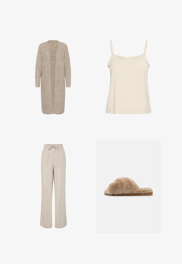 Cardigan long beige avec une coupe ample, une devanture ouverte et un motif tricoté texturé. Il a des manches longues et est fabriqué dans un matériau doux et confortable.; Camisole beige clair en tissu doux, avec de fines bretelles réglables et un décolleté en V, offrant une coupe légèrement décontractée.; Pantalon beige coupe ample avec jambes larges, taille élastique et cordon noué à l'avant.; Chausson en peluche beige avec une texture douce, à dos ouvert et doublure intérieure. Semelle plate avec une base marron clair et des coutures beiges.