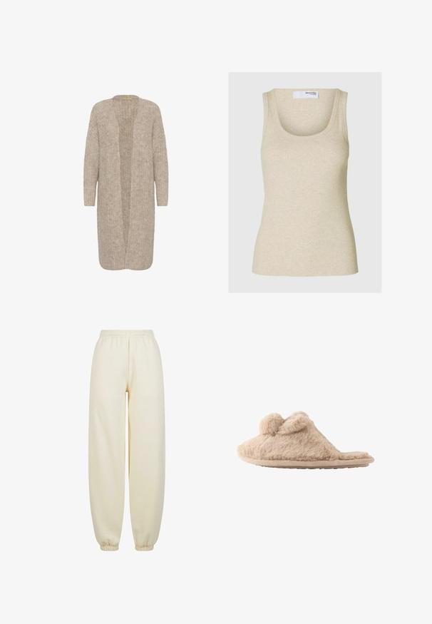 Beez värvi pikk kardigan, millel on lahtine lõige, avatud esikülg ja tekstureeritud kudumise muster. Omab pikki varrukaid ja pehme, hubane materjal.; Beige ribbed tank-top, millelõikega kaelus ja laiad õlapaelad. Valmistatud pehmest kangast, omab vormitud siluetti.; Kreemivärvi joggingupüksid, mis on valmistatud pehmest kangast, laia jala disainiga, elastse vöökoha ja jalge alla sobivate mansettidega.; Beežikas udune suss, mille peal kaks pom-pommi ja lame tallaga, mõeldud kasutamiseks siseruumides.