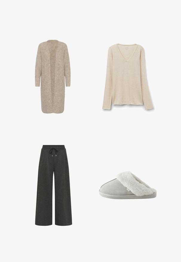 Beige lang cardigan med en løs pasform, åben front og tekstureret strikmønster. Har lange ærmer og et blødt, hyggeligt materiale.; Langærmet V-hals top i lys beige stof med en blød tekstur. Afslappet pasform med lige kant og minimalistisk design.; Mørkegrå, bredbenede bukser lavet af blødt stof, med elastisk talje og snøre samt to sidelommer.; Lysegrå slip-on tøfler med blødt hvidt kunstpelsfor og sål mærket "NEXT," set fra siden på hvid baggrund.