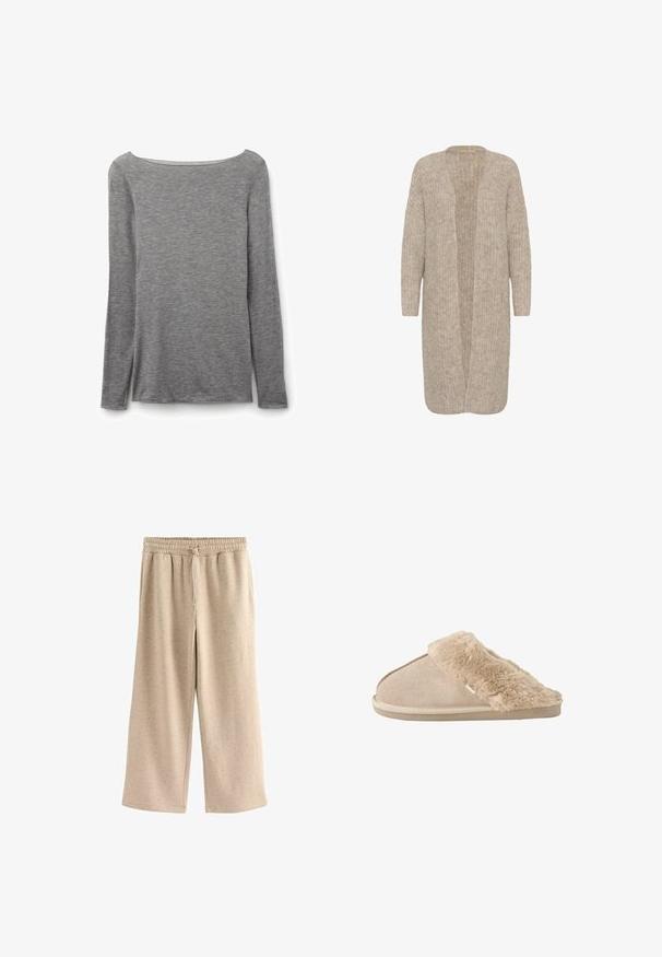 Beige lange cardigan met een losse pasvorm, open voorkant en een textuur breipatroon. Heeft lange mouwen en is gemaakt van een zachte, gezellige stof.; Grijze nauwsluitende top met lange mouwen en een brede boothals, gemaakt van zachte, lichte gebreide stof.; Beige wijde broek gemaakt van zachte stof, met een elastische tailleband met een trekkoord en een subtiele gespikkelde textuur.; Beige instappantoffel met zachte suède buitenkant en een zachte, pluizige voering en boord, ontworpen voor binnencomfort.